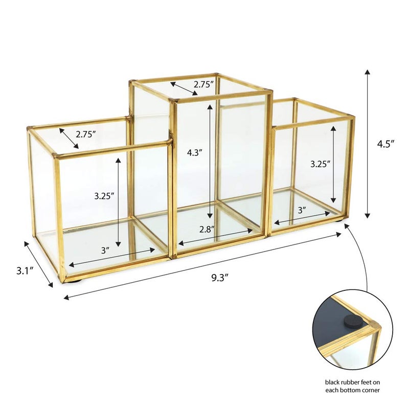 Isaac Jacobs 3-Compartment Makeup Brush Holder, Vintage Style Brass and Glass Organizer, (9.3â€ L x 3.1" W x 4.5" H) Storage Solution with Mirror Base & Taller Center Slot, for Makeup, Crafts, & More - Image 5
